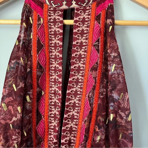 Free People Ria Wine Red & Gold Sleeveless Sheer Embroidered Maxi Top Size XS - Picture 6 of 16